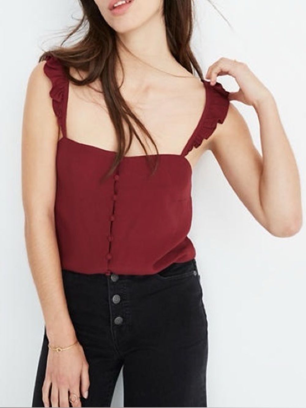 Madewell Burgundy Ruffle Strap Button-Down Cami Blouse Size 14 - Picture 1 of 7